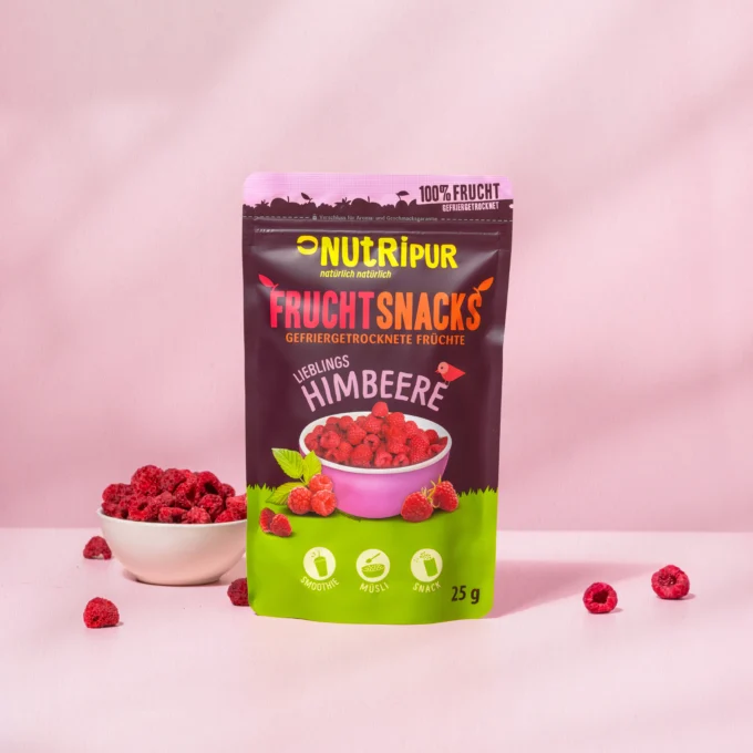 Hier ist ein Produktbild der gefriergetrockneten Himbeeren von Nutripur