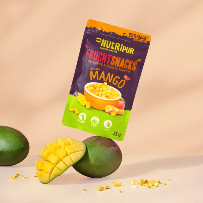 Hier ist ein Bild der gefriergetrockneten Mangos als leckere Snackbeilage