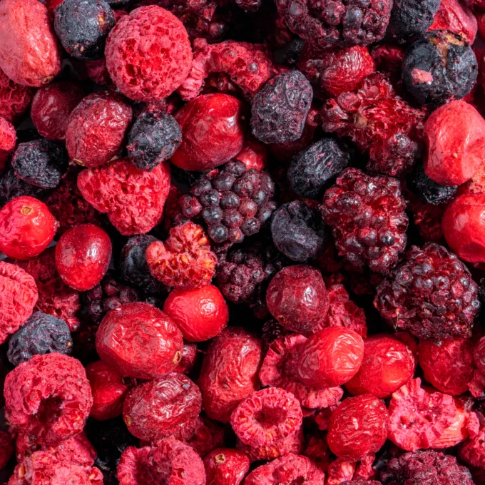 Das Bild zeigt eine Makroaufnahme der gefriergetrockneten Früchte des Waldbeeren-Mix von Nutripur