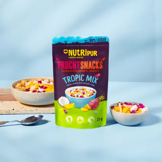 Hier ist ein Bild des gefriergetrockneten Tropicfrucht-Mix als leckere Snackbeilage.